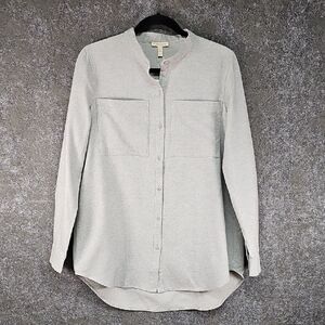 Old Stock Eileen Fisher, Mandarin Collar Twill Flannel Button Up, Gray, Size S
